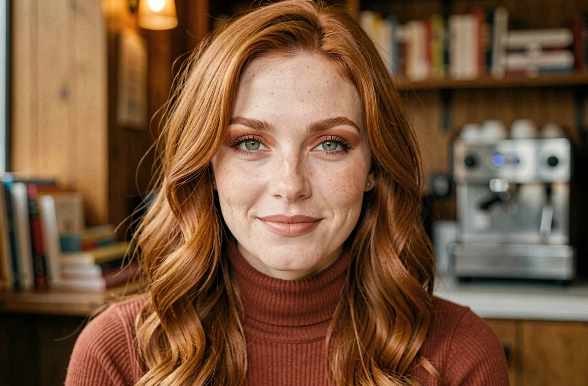 Portrait d'une femme rousse aux yeux verts avec un maquillage sourcils auburn doux et un fard à paupières terracotta