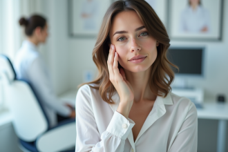 Portrait d'une femme avec cicatrice faciale en cabinet dermatologique
