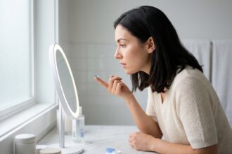Jeune femme appliquant une lentille de couleur devant un miroir de salle de bain, geste précis et expression concentrée
