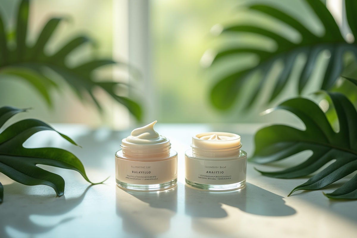 Pot de crème hydratante et baume dans une salle de bain minimaliste