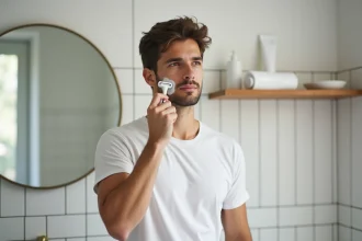 Jeune homme se rasant pour la première fois avec un rasoir jetable dans une salle de bain minimaliste et propre
