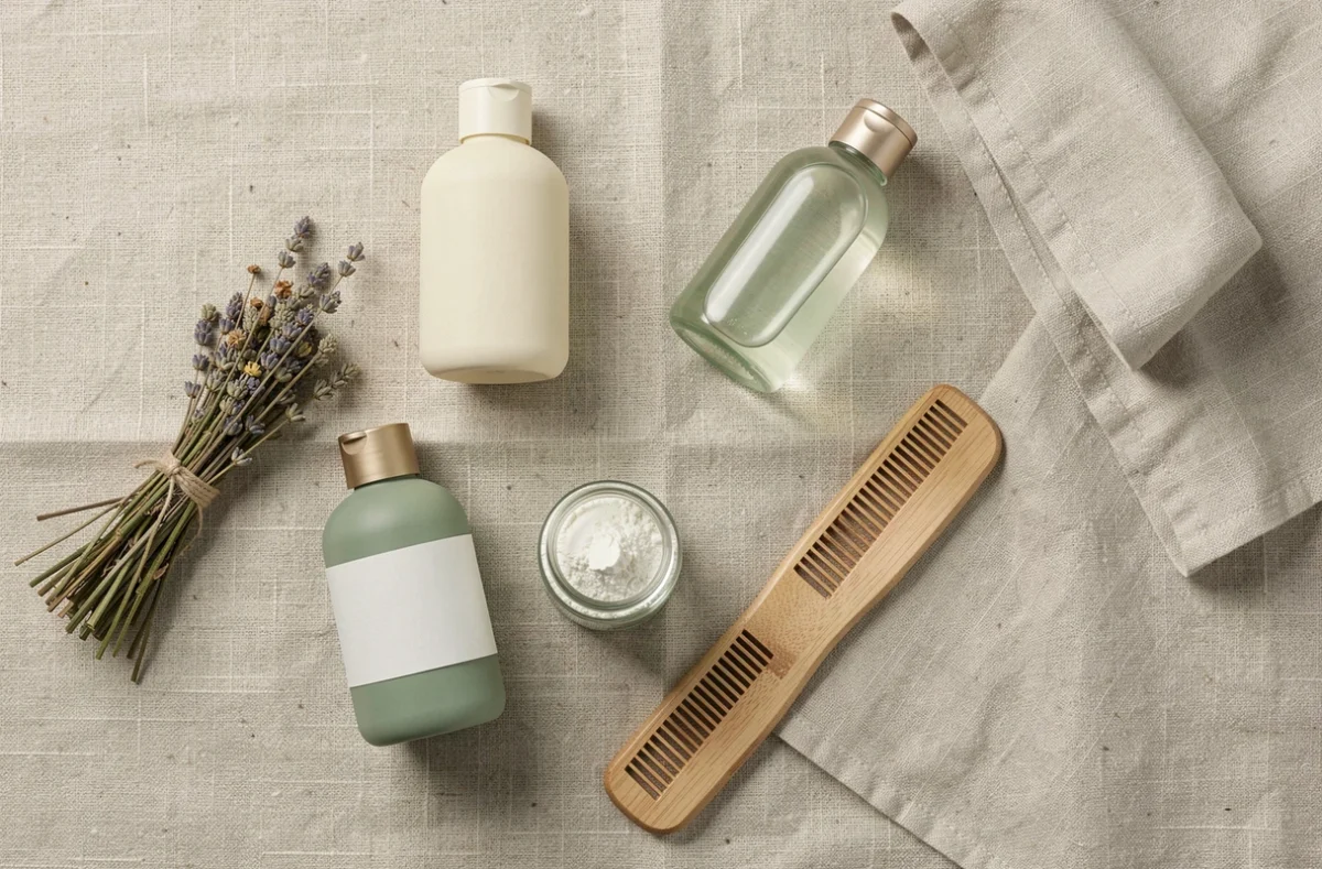 Disposition à plat de produits capillaires naturels sans silicone sur fond de lin beige pour une détox capillaire