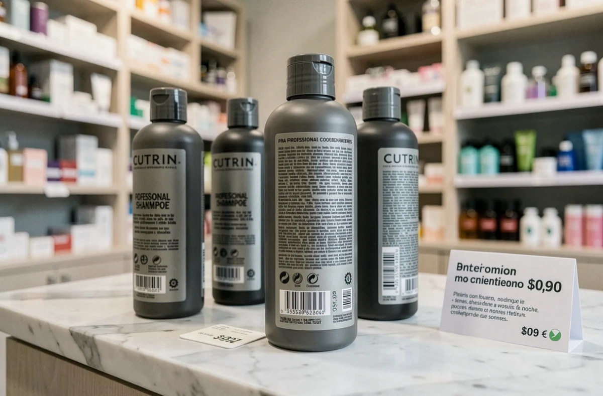 Flacons de produits Cutrin originaux avec étiquette de prix en euros sur un comptoir de boutique beauté parisienne