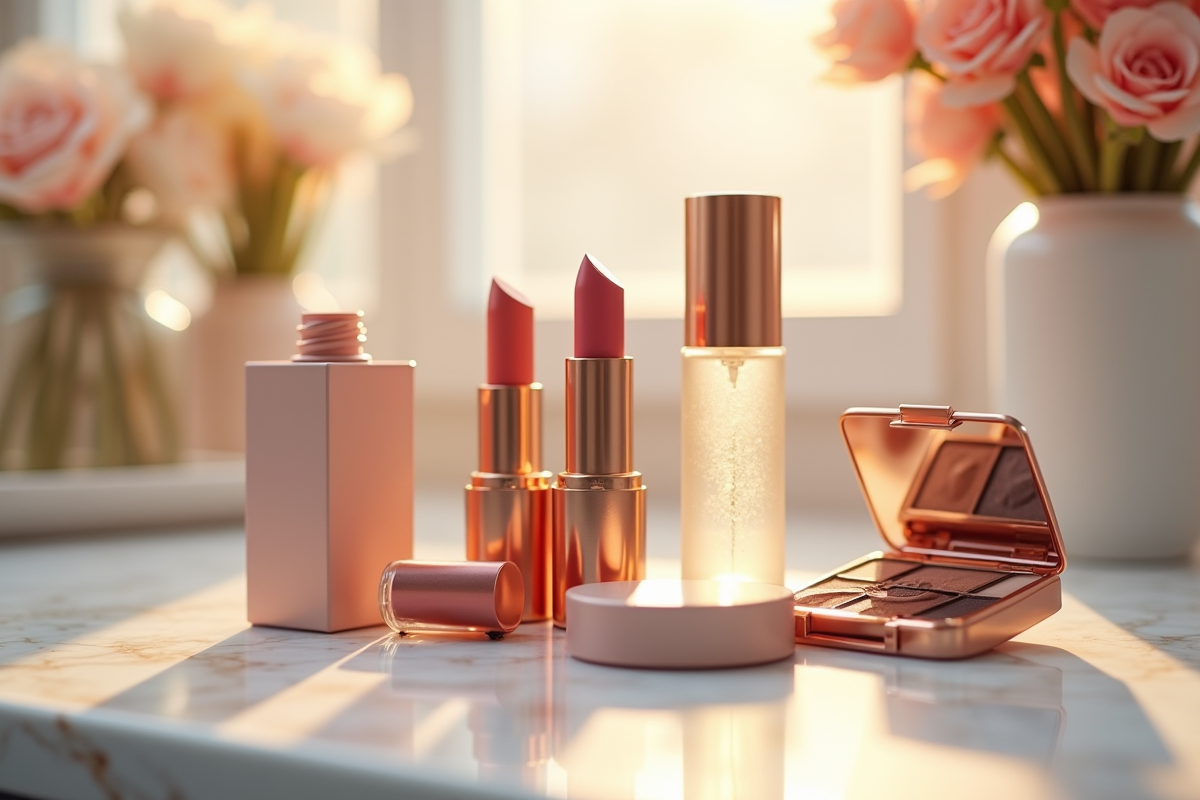 Assortiment de produits de luxe sur une coiffeuse en marbre