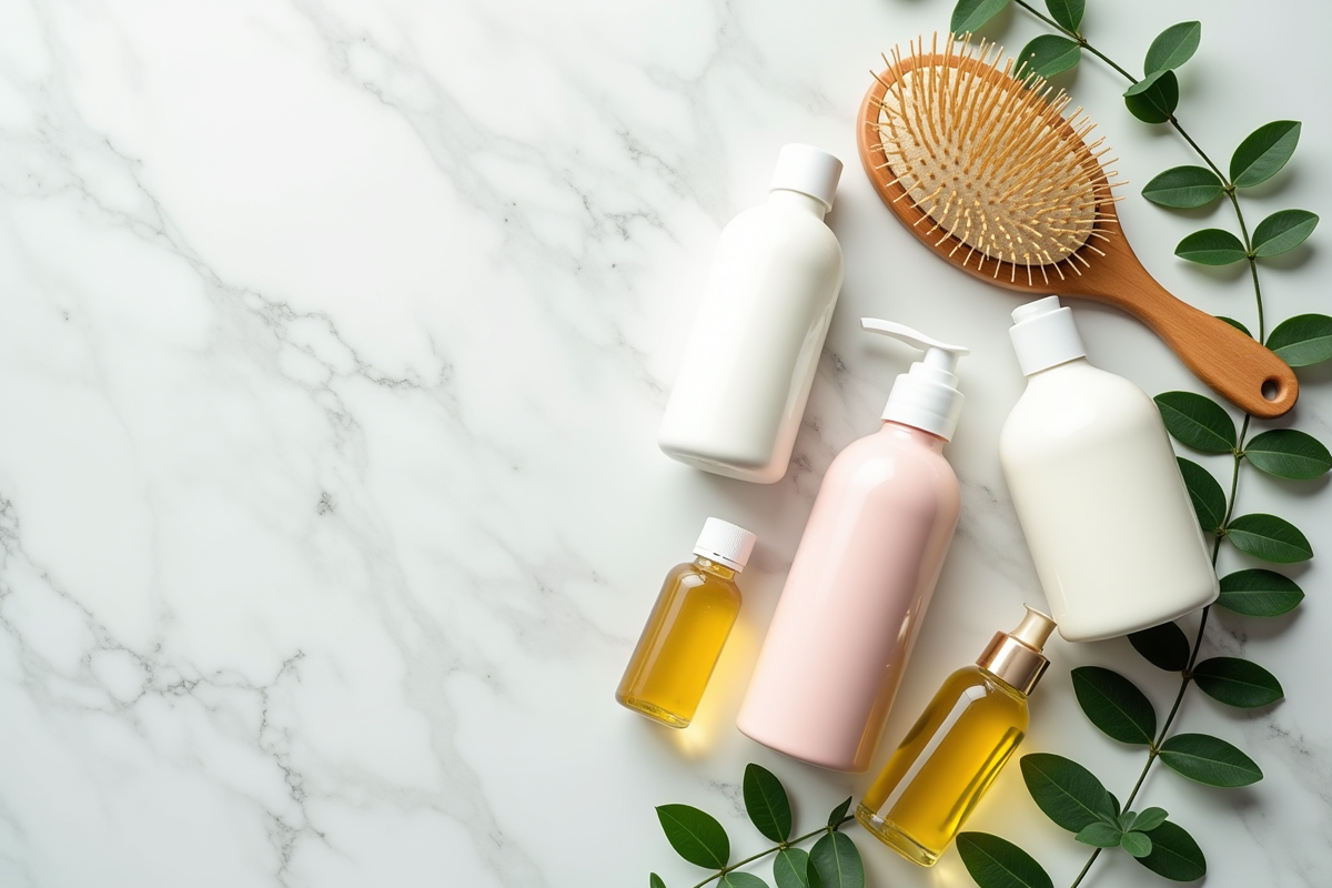 Vue de dessus de produits capillaires sur surface en marbre blanche