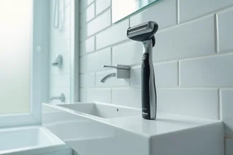 Rasoir électrique Gillette posé sur une étagère de salle de bain minimaliste en céramique blanche