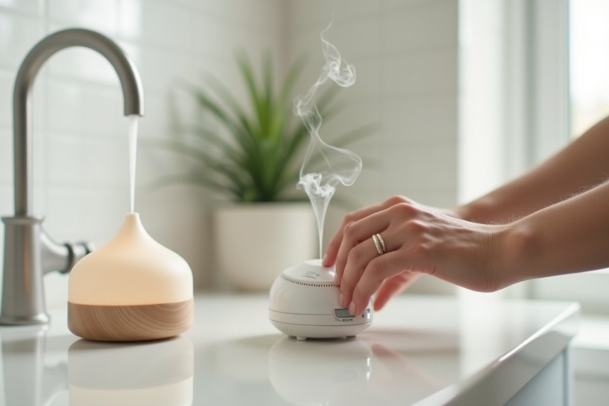 Mains réglant un minuteur sur un diffuseur d huiles essentielles
