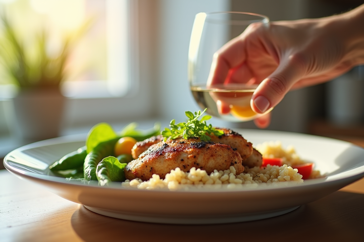 Assiette de légumes vapeur quinoa et poulet grillé avec eau