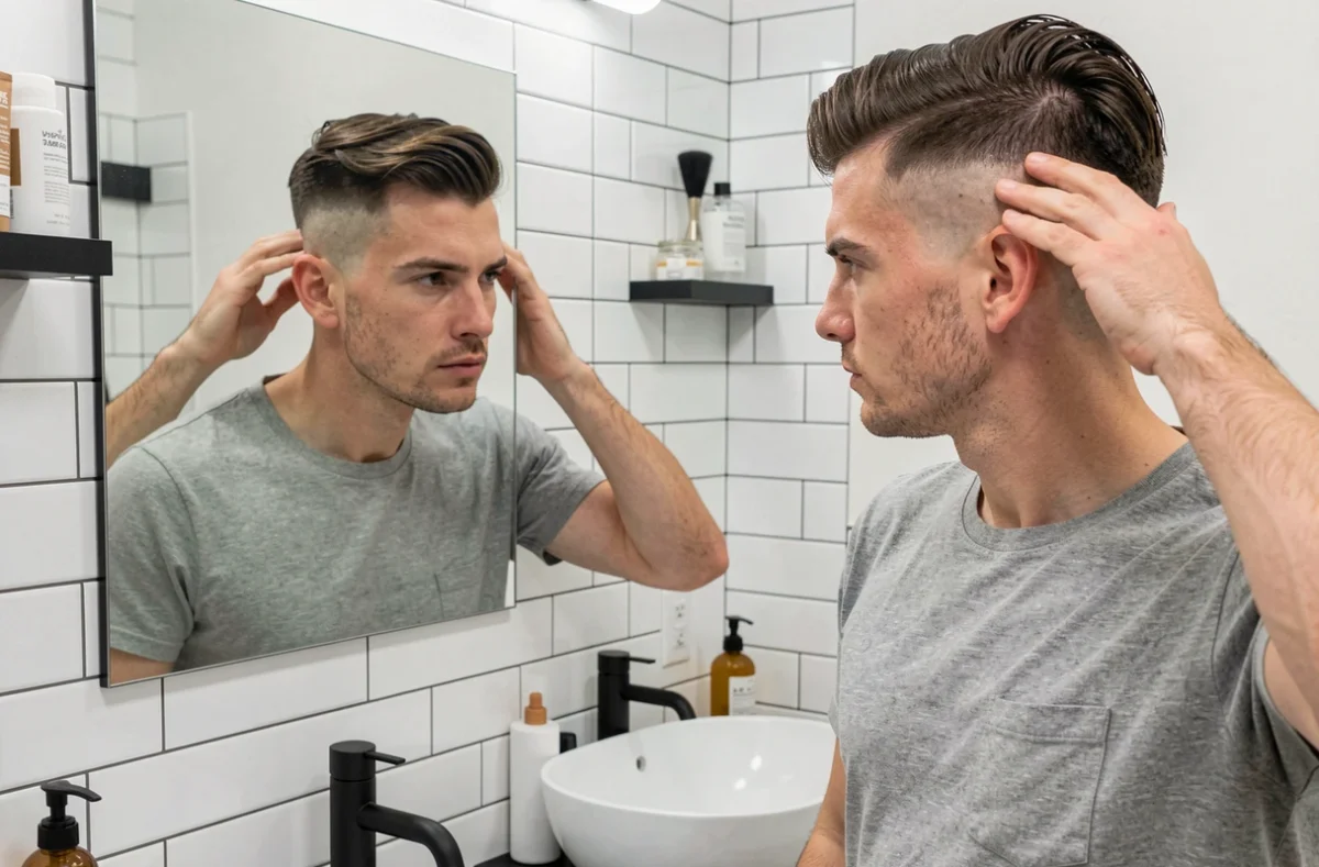 Homme examinant sa coupe taper qui repousse dans un miroir de salle de bain moderne