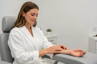 Femme en robe blanche inspectant sa peau lisse après une séance d'épilation laser dans une clinique moderne au Havre