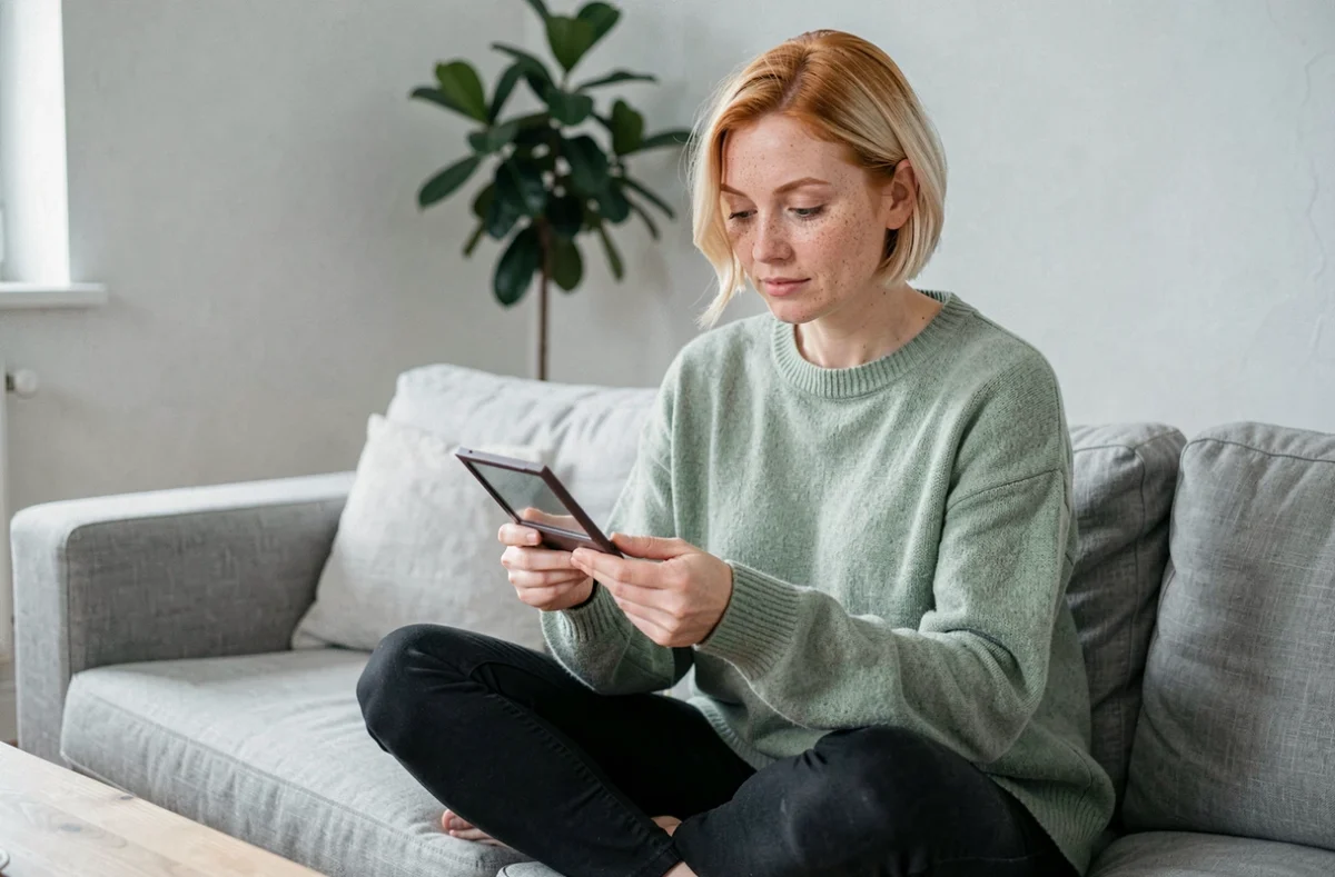 Femme rousse aux yeux verts examinant une palette de maquillage pour sourcils dans un intérieur scandinave lumineux