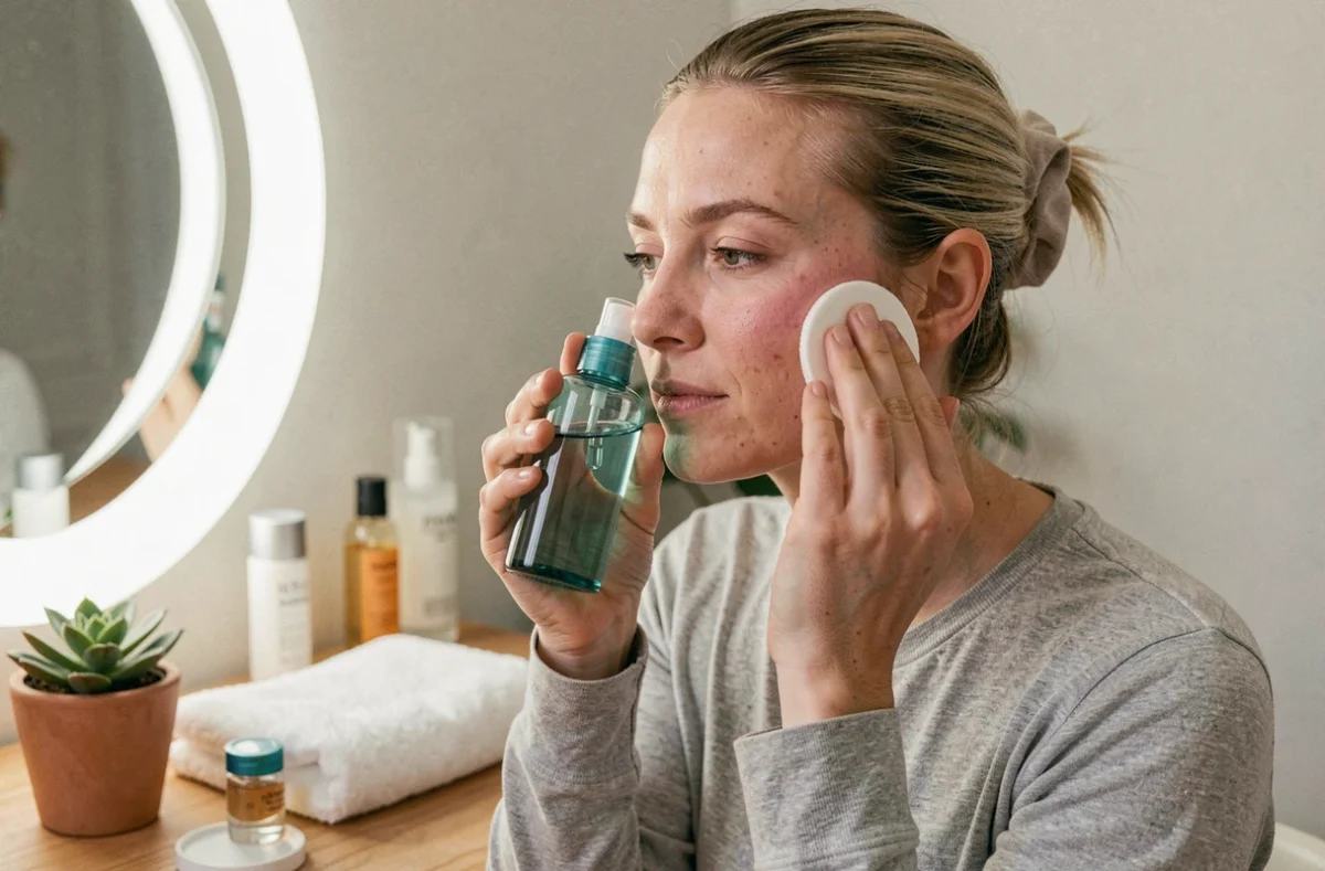 Femme appliquant une lotion Eau Précieuse sur son visage avec un coton lors de sa routine soin anti-acné du matin