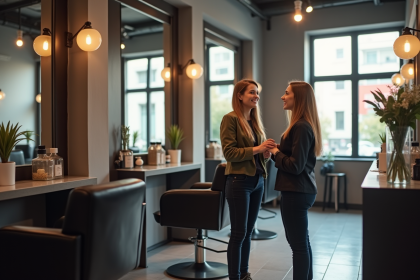 Intérieur d'un salon de coiffure moderne avec un coiffeur et une cliente