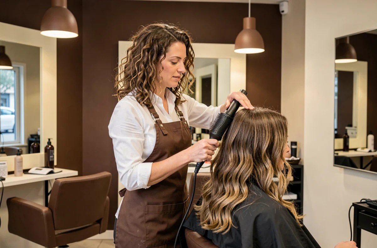 Coiffeuse du salon Couleur Chocolat à Annemasse réalisant un brushing sur une cliente dans un décor aux teintes chocolat et crème