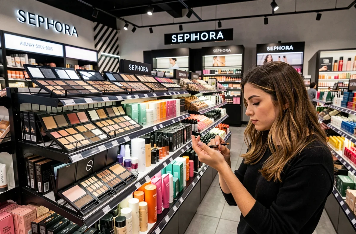Cliente testant des produits de maquillage dans le magasin Sephora d'Aulnay-sous-Bois