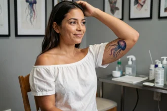 Femme aux bras tatoués d'une méduse aquarelle dans un studio de tatouage minimaliste, symbole de résilience et de renaissance féminine