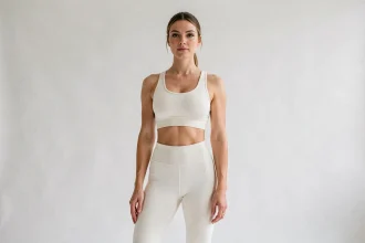 Femme confiante en tenue de sport ajustée illustrant la diversité des silhouettes féminines naturelles dans un studio épuré