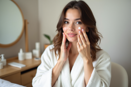 Femme appliquant une base de maquillage sur son visage