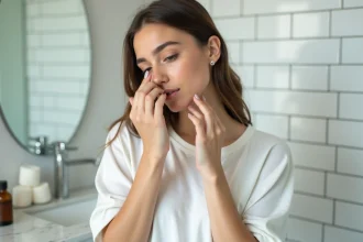 Jeune femme examinant son piercing nez avec soin dans une salle de bain moderne, produits de soin visibles sur le comptoir