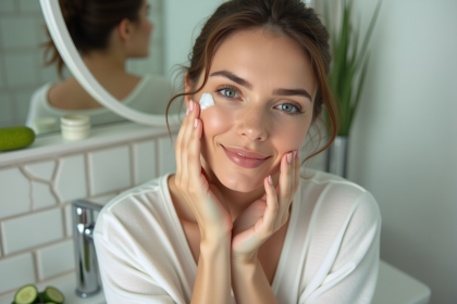 Femme appliquant crème au concombre sur le visage