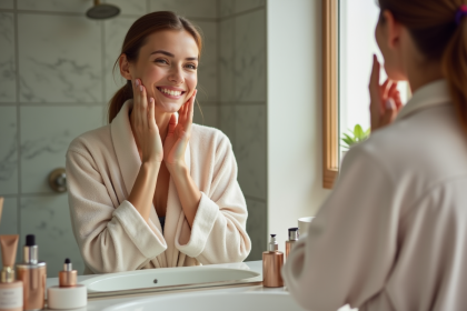 Femme souriante appliquant sa creme visage dans la salle de bain
