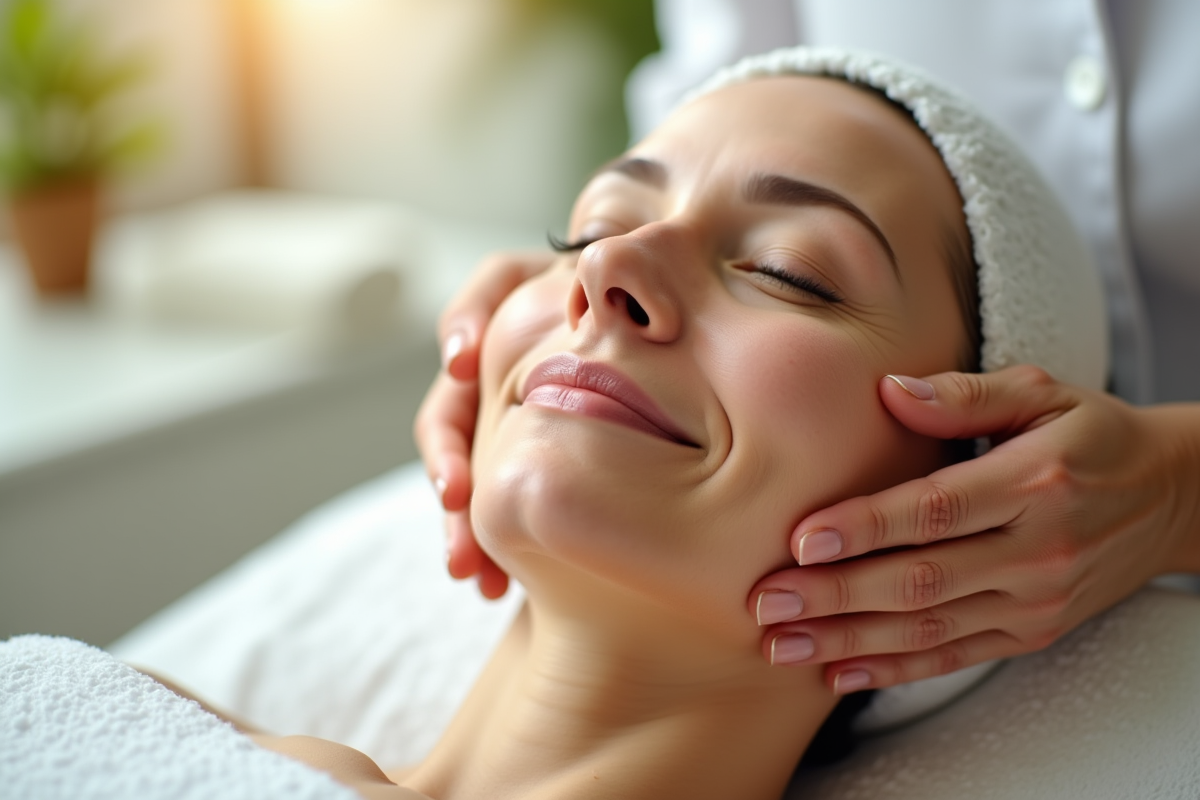 Femme mature recevant un massage facial relaxant dans un spa lumineux