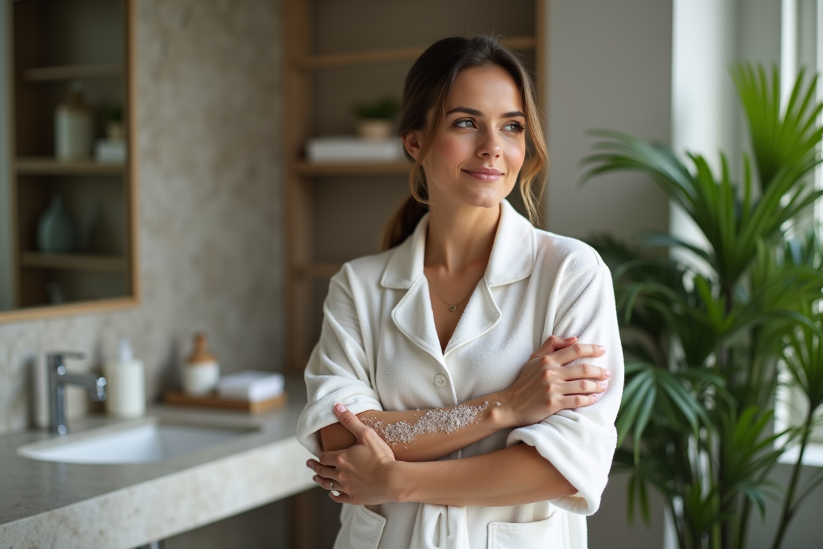 Femme en loungewear se massant avec un gommage naturel