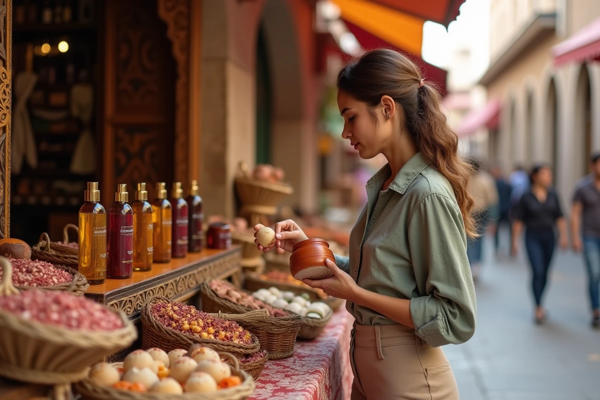 Femme découvrant des cosmétiques naturels marocains dans un souk traditionnel avec des produits de beauté artisanaux