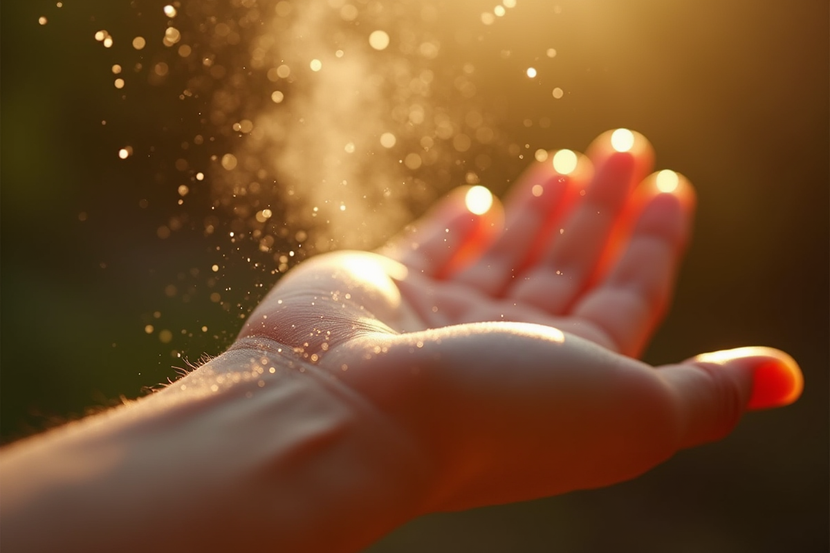 Pulvérisation de parfum sur le poignet sous la lumière