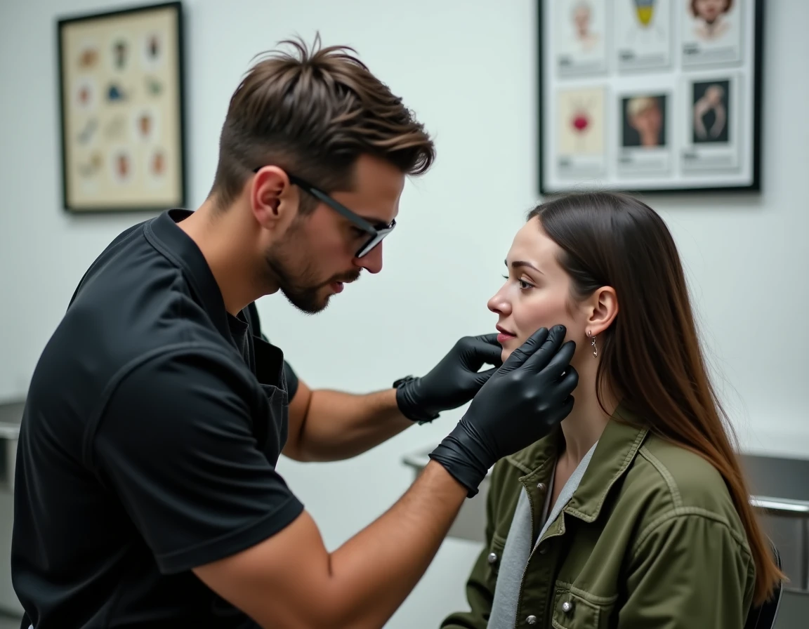 Perceur professionnel examinant le piercing cartilage supérieur d'une cliente dans un studio de piercing moderne et propre