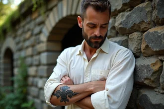 Homme avec un tatouage fleur de lys sur l'avant-bras devant un vieux mur en pierre, symbole d'héritage familial
