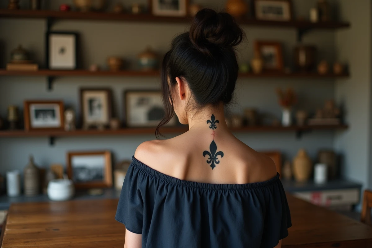 Femme avec un tatouage fleur de lys sur la nuque dans un intérieur familial chaleureux, symbole de lignée et de protection