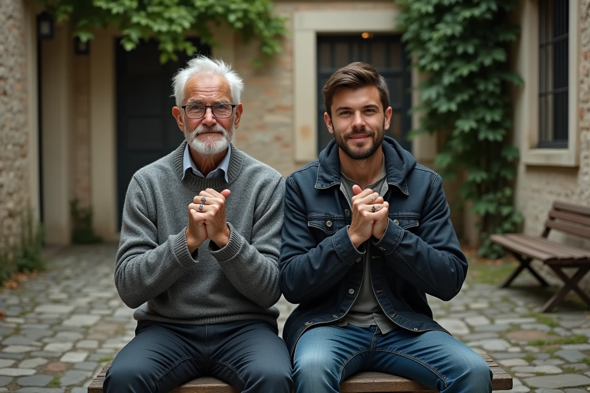 Grand-père et petit-fils montrant leurs tatouages fleur de lys assortis sur les poignets dans une cour française, transmission familiale intergénérationnelle