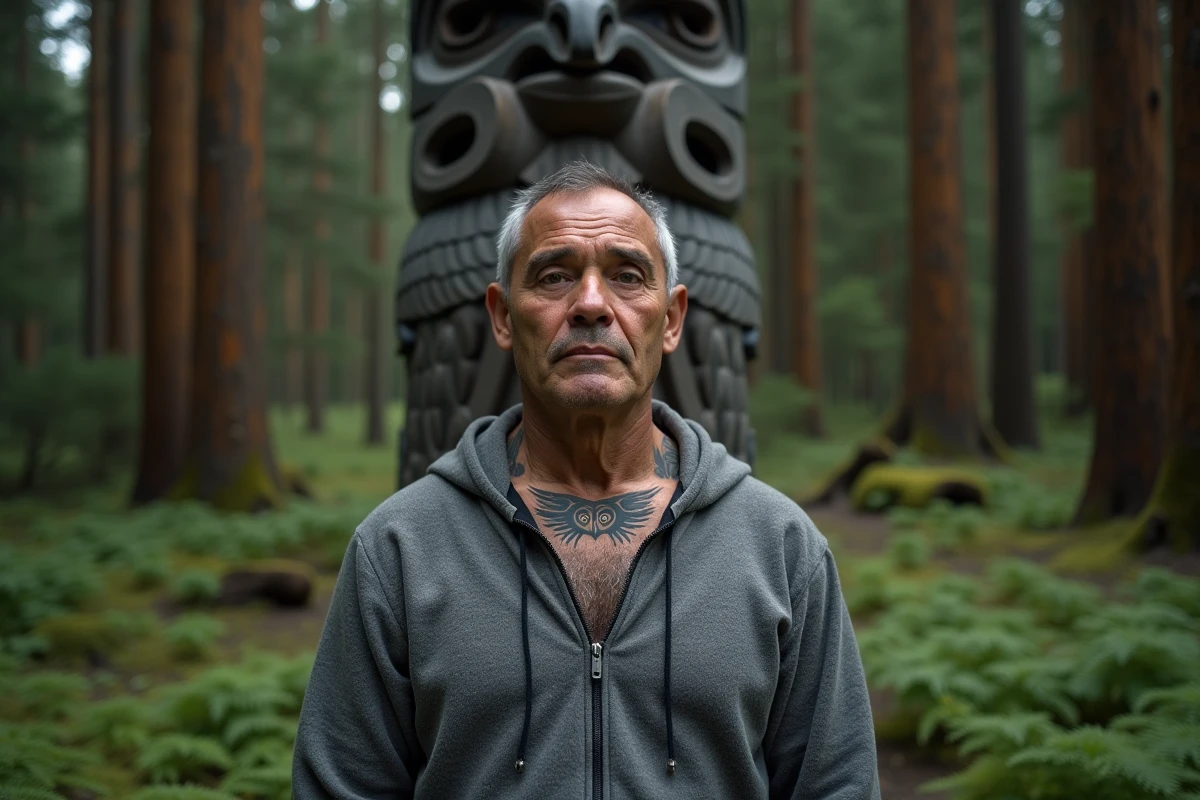 Homme autochtone avec un tatouage de hibou traditionnel devant un totem en forêt