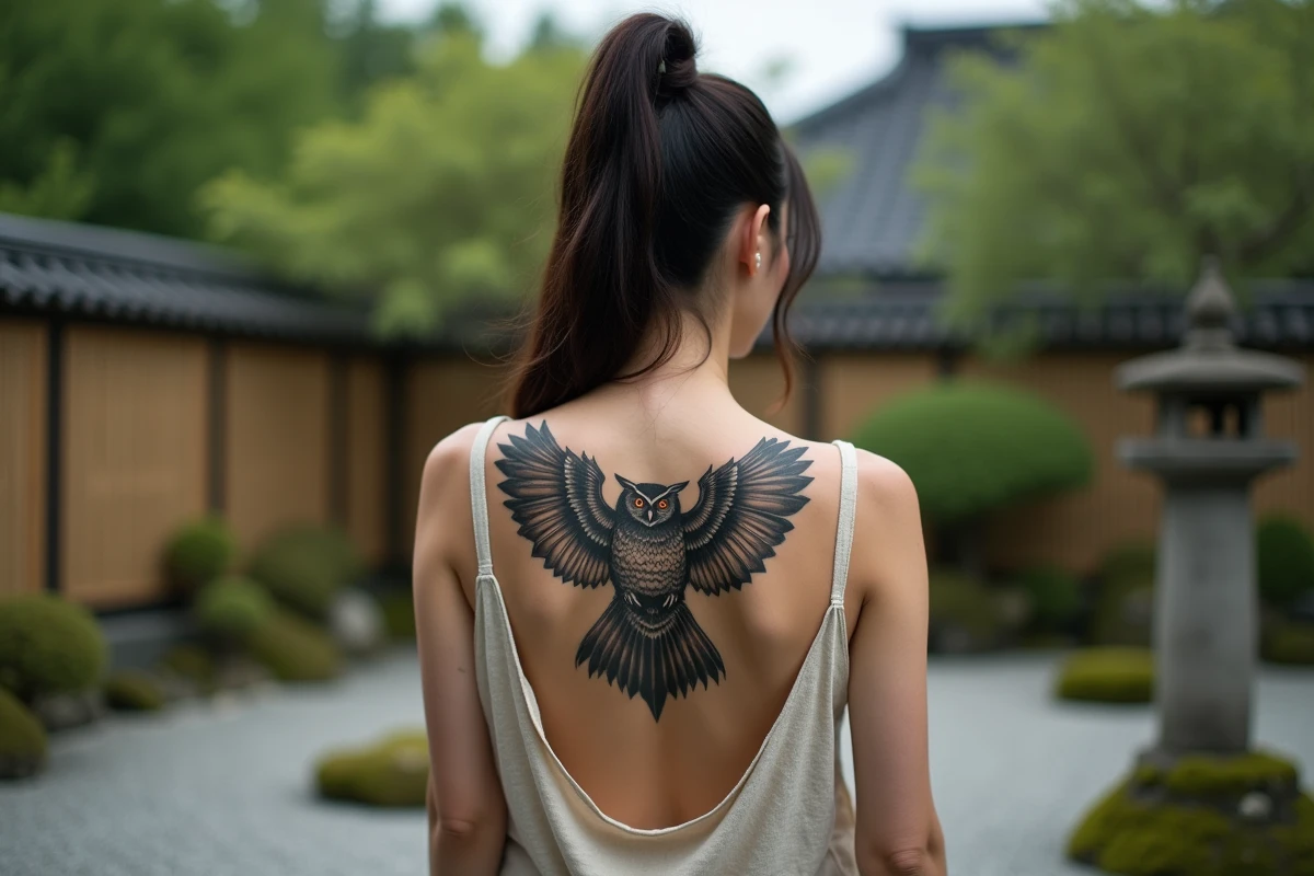 Femme avec un tatouage de hibou dans le dos dans un jardin zen japonais