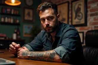 Homme contemplant son tatouage de hibou sur l'avant-bras dans un studio de tatouage