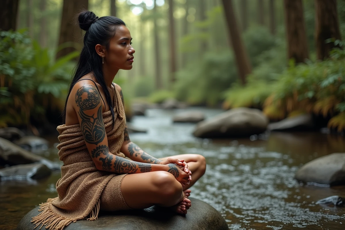 Femme māorie arborant des tatouages traditionnels sur le menton et l'avant-bras, symboles géométriques protecteurs, assise près d'une rivière en forêt néo-zélandaise