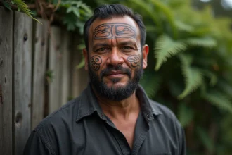 Portrait d'un homme māori avec tatouage tā moko traditionnel sur le visage, spirales et symboles protecteurs gravés dans la peau, en pleine nature néo-zélandaise