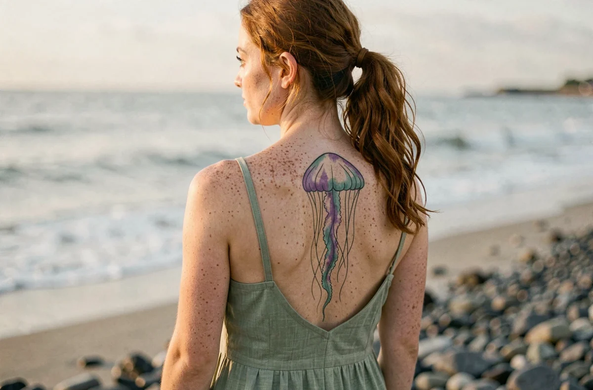 Tatouage méduse dans le dos d'une femme rousse au bord de la mer, symbolisant la transformation et la force intérieure féminine