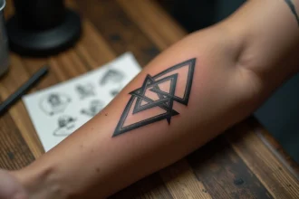 Tatouage trois triangles en noir sur avant-bras, design géométrique précis aux lignes nettes sur peau naturelle