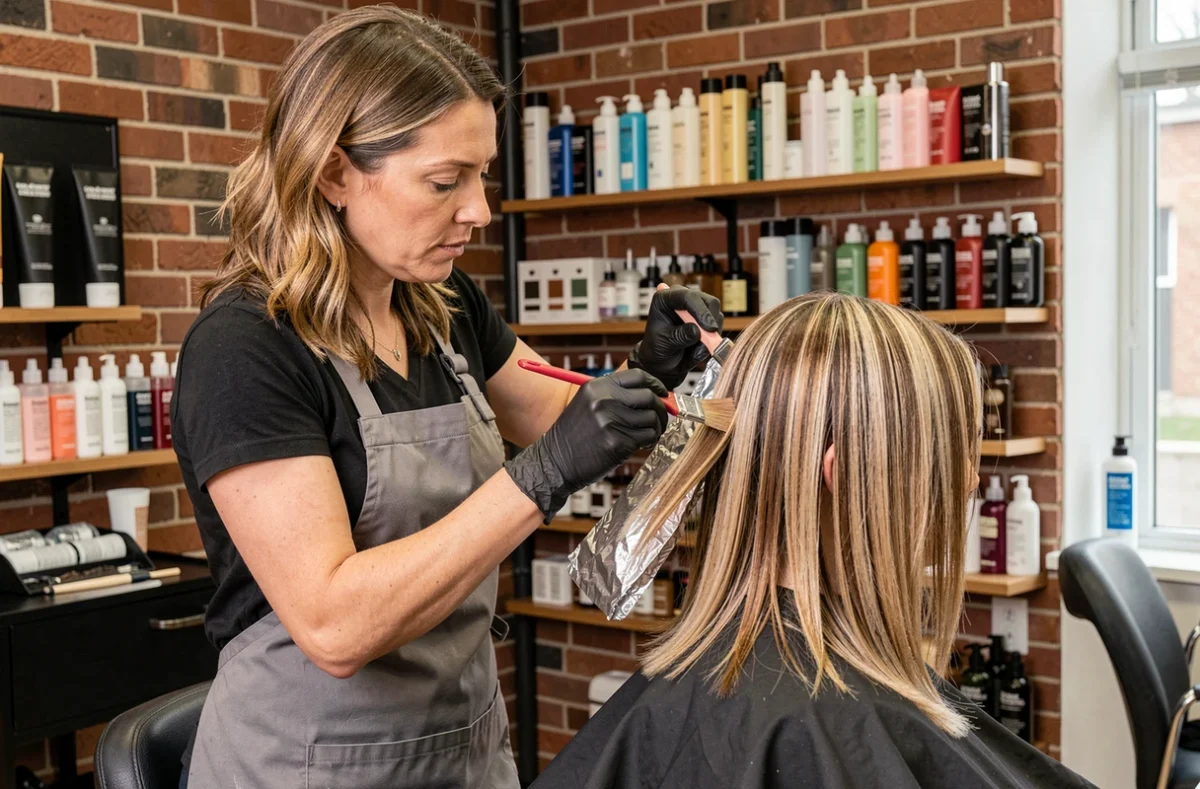 Coiffeuse professionnelle appliquant une technique de balayage sur une cliente dans un salon de coiffure