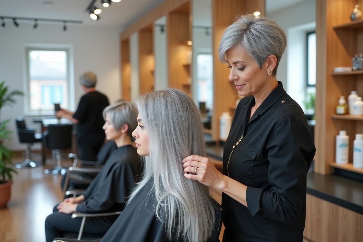 Coiffeuse appliquant des mèches sur cheveux gris blancs en salon pour masquer les repousses sans entretien