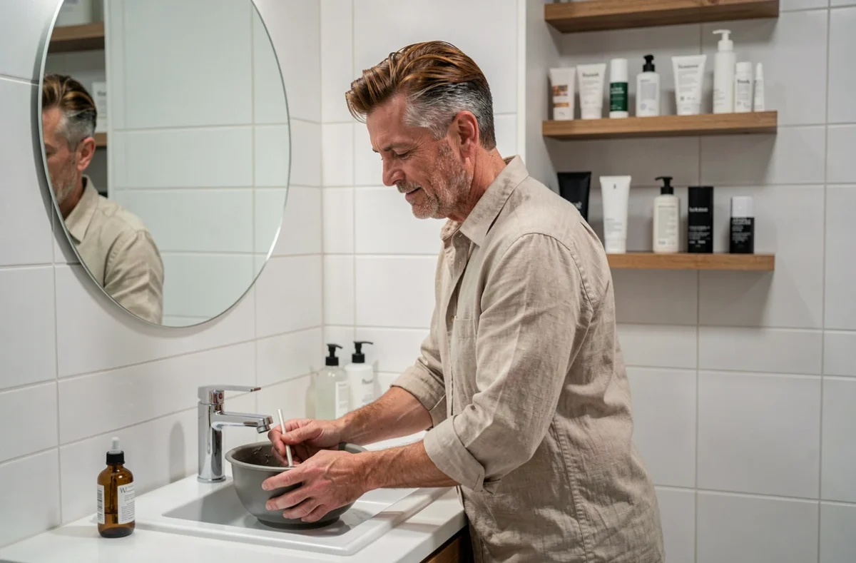 Homme appliquant lui-même une teinture cheveux à domicile pour couvrir les cheveux blancs sans effet artificiel