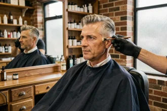 Homme aux cheveux grisonnants en salon de coiffure recevant une application de teinture subtile pour hommes