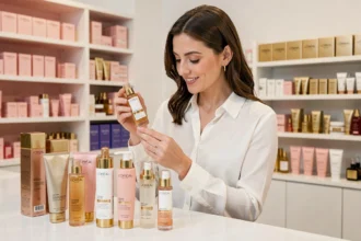 Femme examinant des produits L'Oréal lors d'une vente au personnel, tenant un sérum devant des rayons cosmétiques bien organisés