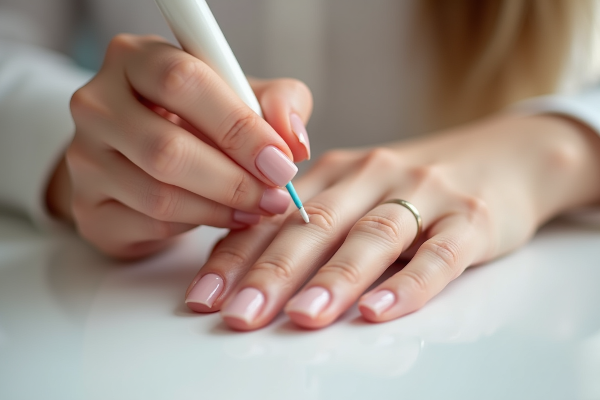 Mains de femme appliquant un vernis pastel naturel