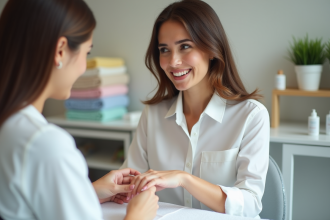 Femme en blouse blanche lors d'une manucure professionnelle