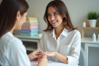 Femme en blouse blanche lors d'une manucure professionnelle