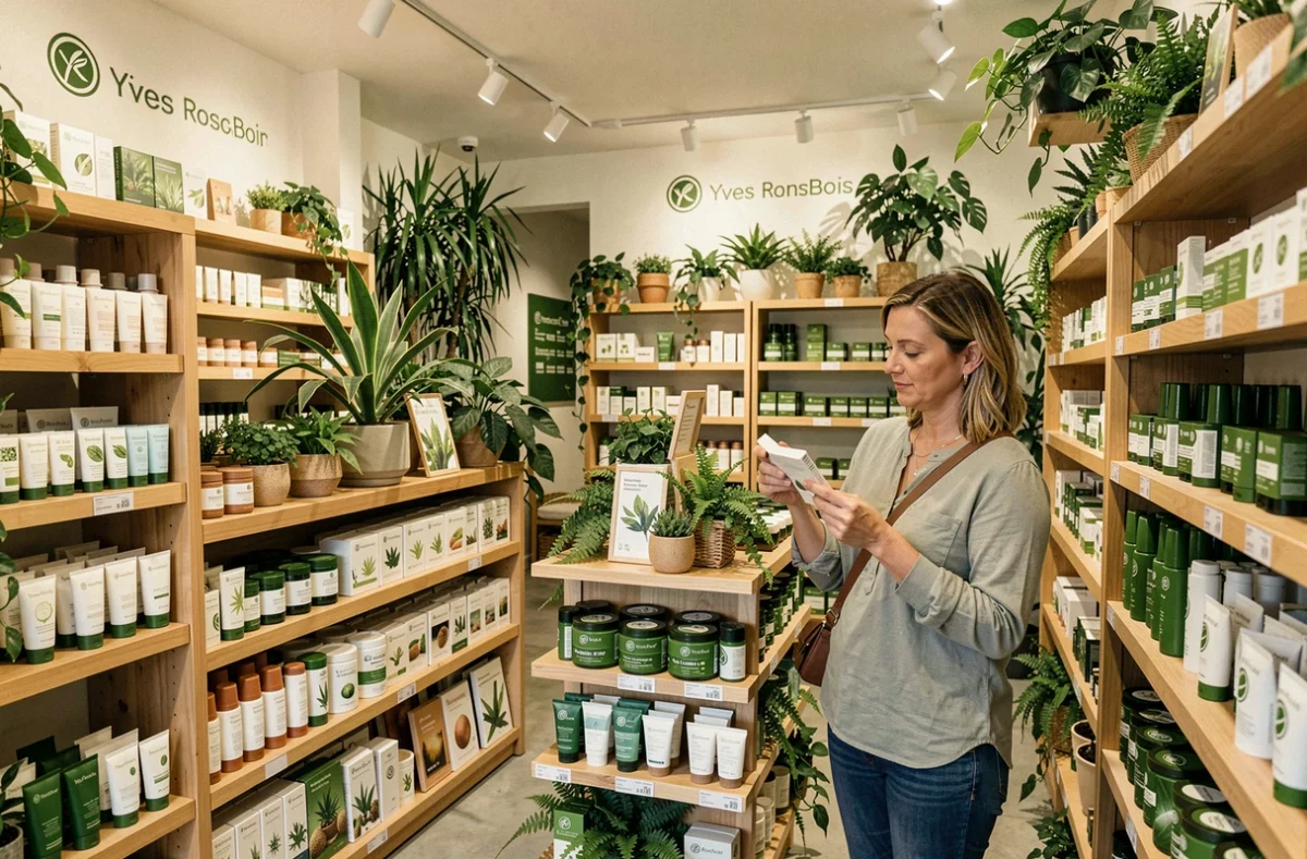 Cliente lisant les étiquettes de produits naturels dans le magasin Yves Rocher de Rosny-sous-Bois